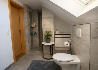 Modernes Badezimmer unter der Dachschräge mit Dachfenster, Dusche und WC in der Ferienwohnung Jaeger in Viereth bei Bamberg.
