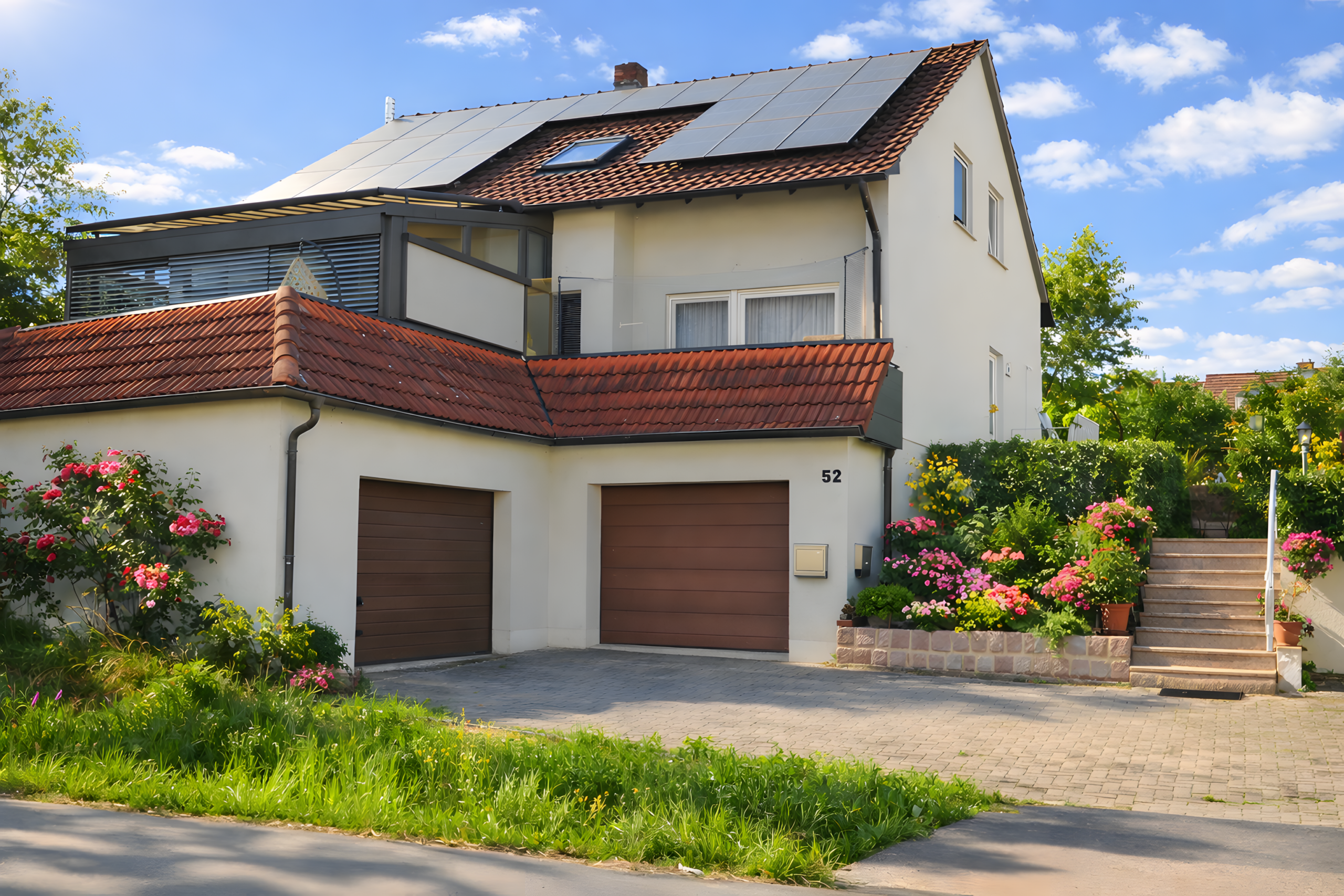 Zweistöckiges Haus mit Solardach, Doppelgarage und gepflegtem Garten der Ferienwohnung Jaeger in Viereth bei Bamberg.