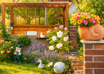 Blumenbeet mit bunten Blumen, Gartendeko, Schneckentopf und Gartenfigur bei der Ferienwohnung Jaeger in Viereth bei Bamberg.