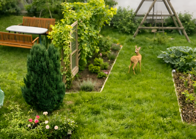 Garten der Ferienwohnung Jaeger in Viereth bei Bamberg mit Reh, Rosenbeet, Sitzplatz und Holzschaukel.