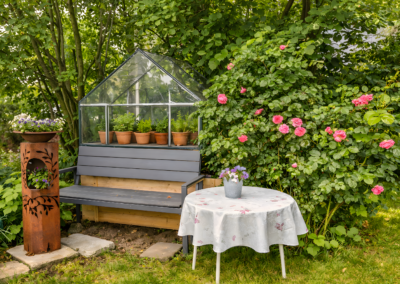 Gartenbereich mit Mini-Gewächshaus, Blumen, Rosen und dekorativem Metallständer bei der Ferienwohnung Jaeger in Viereth bei Bamberg.