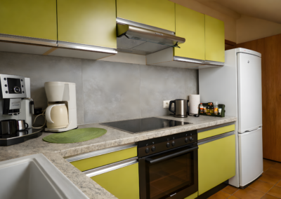 Moderne Küche der Ferienwohnung Jaeger in Viereth bei Bamberg mit grünen Schränken, Espressomaschine, Filterkaffeemaschine, Herd und Kühlschrank.