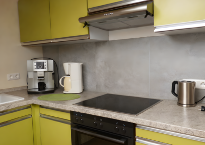 Moderne Küchenecke der Ferienwohnung Jaeger in Viereth bei Bamberg mit grünen Schränken, Espressomaschine, Filterkaffeemaschine, Wasserkocher, Herd und Dunstabzugshaube.