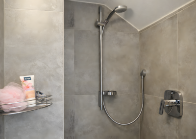 Moderne Dusche mit grauen Fliesen, Handbrause und Ablage in der Ferienwohnung Jaeger in Viereth bei Bamberg.